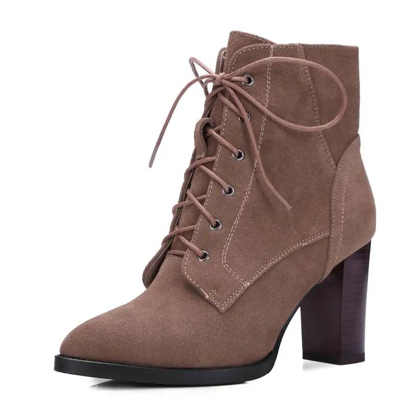 brown suede MORAZORA/; ботинки из натуральной кожи наивысшего качества; ботильоны на шнуровке с острым носком; Короткие Плюшевые модельные туфли на высоком каблуке; сезон осень-зима - Цвет: brown suede
