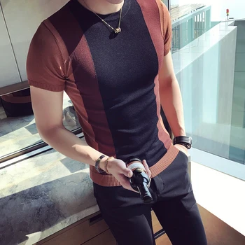 

Summer men's short sleeve T-shirt Korean version of the men hit the color tight knit T-shirt British trend of young people half-