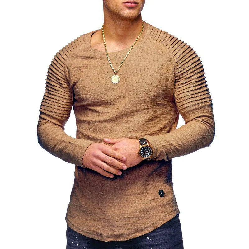 Новая модная мужская Тонкая Однотонная футболка с круглым вырезом и длинным рукавом, стильная футболка в полоску с рукавом реглан, топы, футболки - Цвет: Хаки