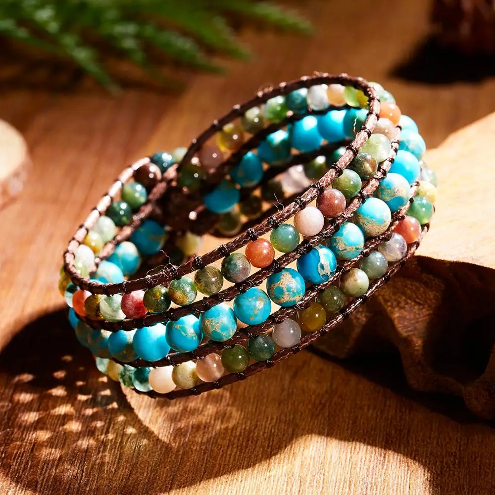 

Vintage Braid Bracelets Natural Stone Round Beads Leather Wrap Bracelet for Women Multilayer Boho Bracelet Handmade Jewelry