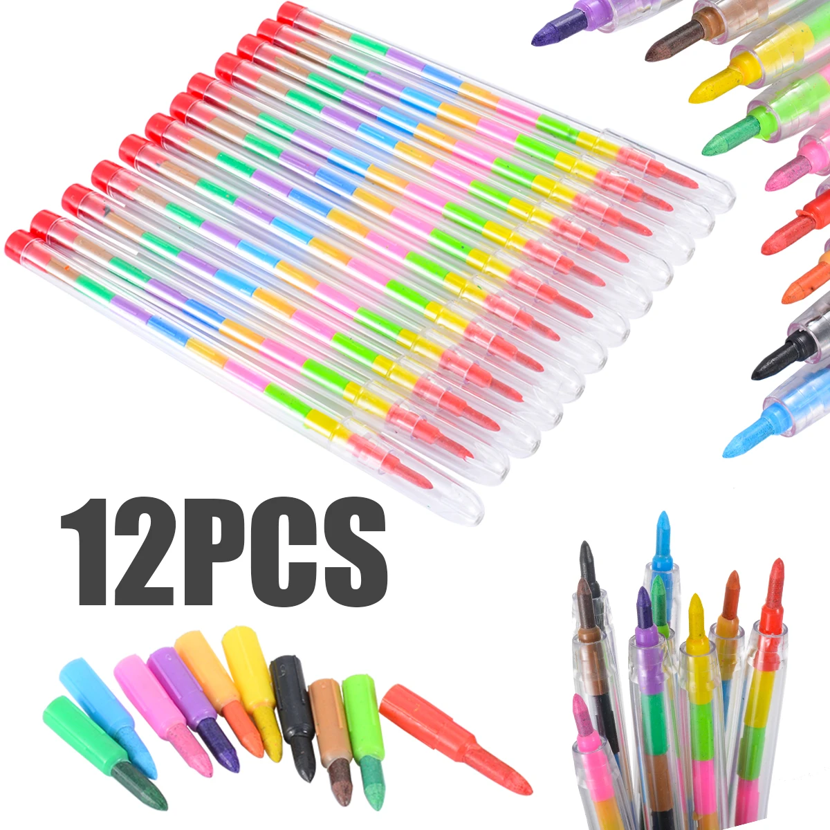 12pcs Kids Swap Point Crayons Stacker Pencils Drawing Crayon Graffiti Pen For DIY  Party Decor Fillers Supply