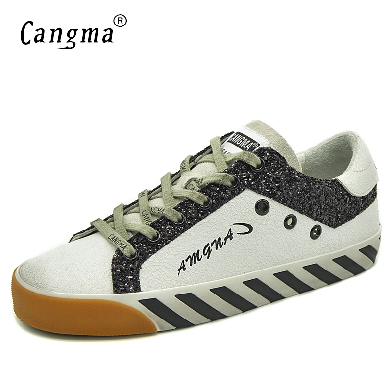 

CANGMA Luxury Brand Woman Shoes Flat Shoes Casual Shoes White Genuine Leather Sneakers Black Glitter Footwea Vintage Female