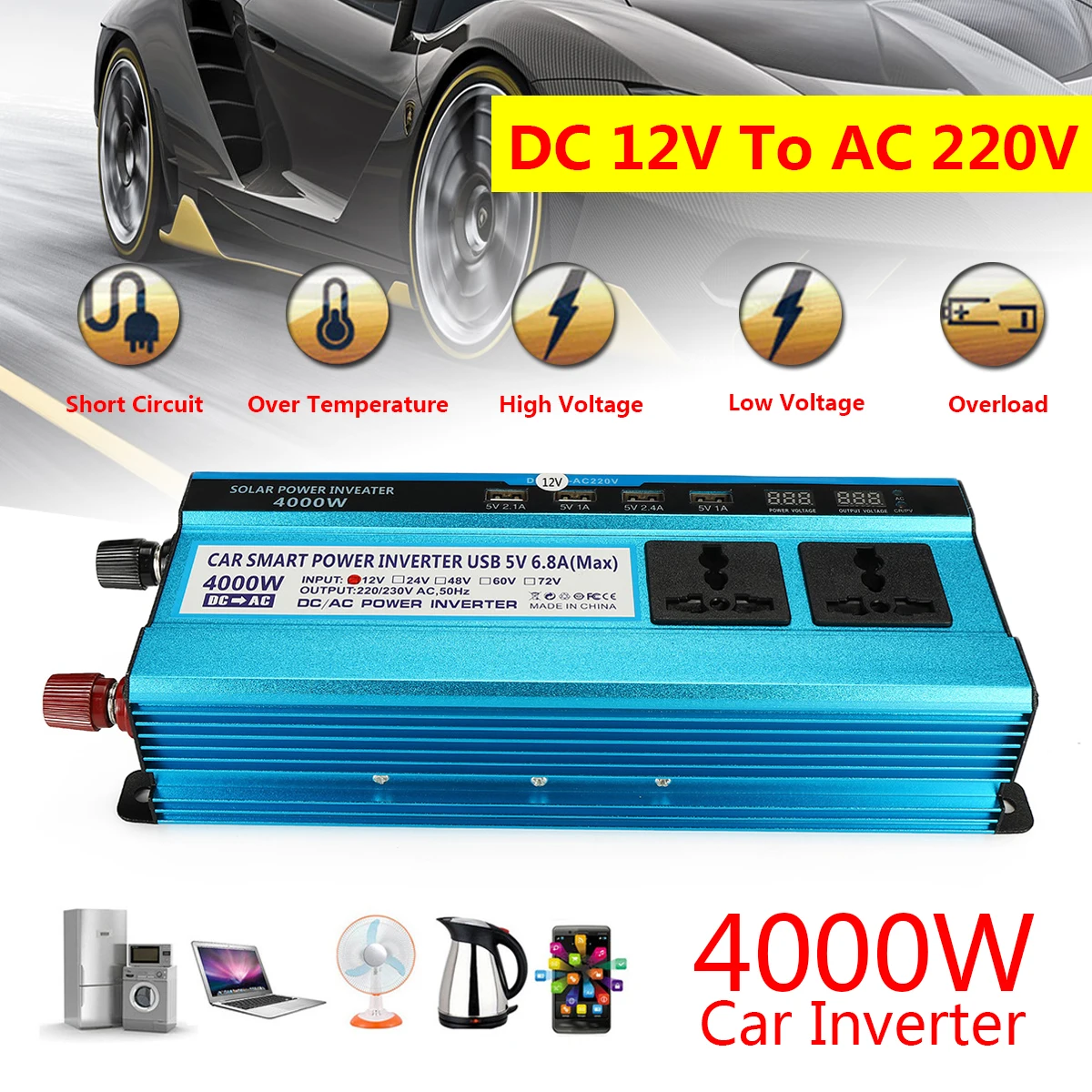 

Voltage Transformer DC 12/24V to AC 220V Car LED Solar Power Inverter Sine Wave Peak 4000W USB Converter Short Circuit Protect