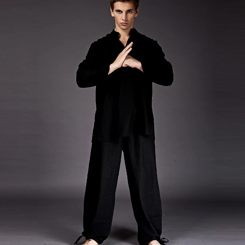 Linen Men Tai Chi Clothing Yoga Clothes Summer Exercise Suit Black Ju