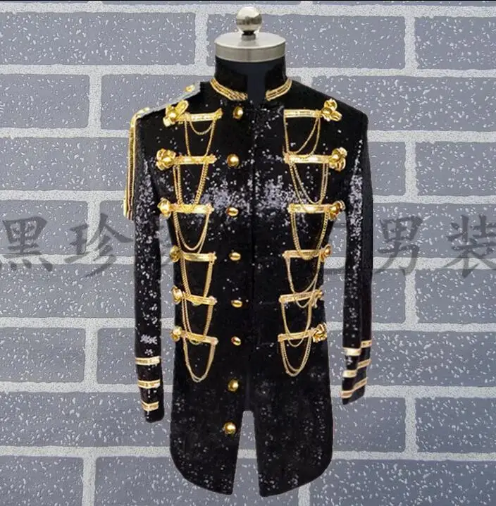 Personality Male Paillette Suits Mens Blazers Long Design Coat Military