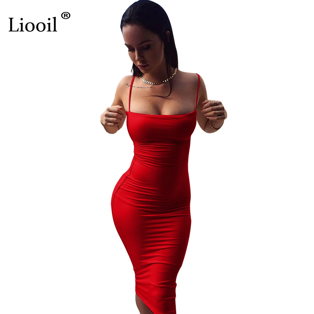 Liooil Sexy Spaghetti Strap Midi Dress Sleeveless Backless Bodycon Bandage Black Blue Red Celebrity Women Party Dresses Clubwear