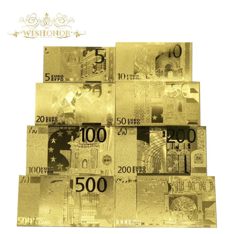 

8pcs/Lot Nice European Gold Banknote 5 10 20 50 100 200 500 1000 Euro Banknotes in Gold Plated Fake Paper Money For Collection
