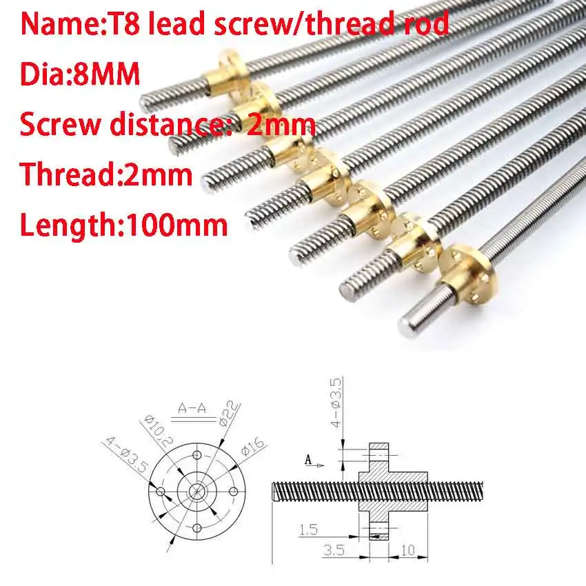 Lead Screw Dia 8MM Screw distance 2mm Thread 2mm Length 100mm