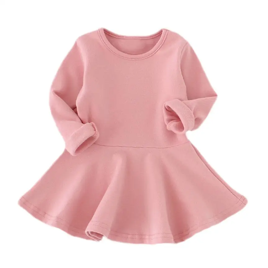 

TELOTUNY 2018 Baby Girls Candy Color Long Sleeve Solid Princess Casual Toddler Kids Dress For Girls Dress FEB6