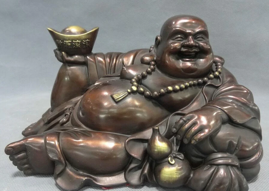 

song voge gem S4093 10" Chinese Pure Bronze Wealth YuanBao Gourd Bag Happy Maitreya Buddha Statue