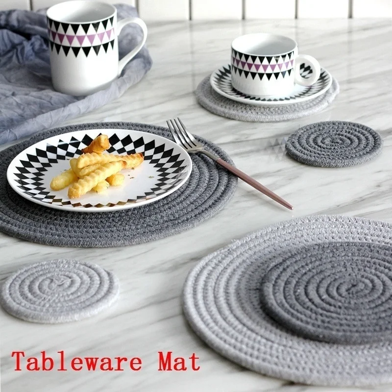 

Placemat Pad Coasters Kitchen Table Mats Cotton Linen Knitting Bowl Mats Padding Mat Insulation Pad Round Placemats Hand-made
