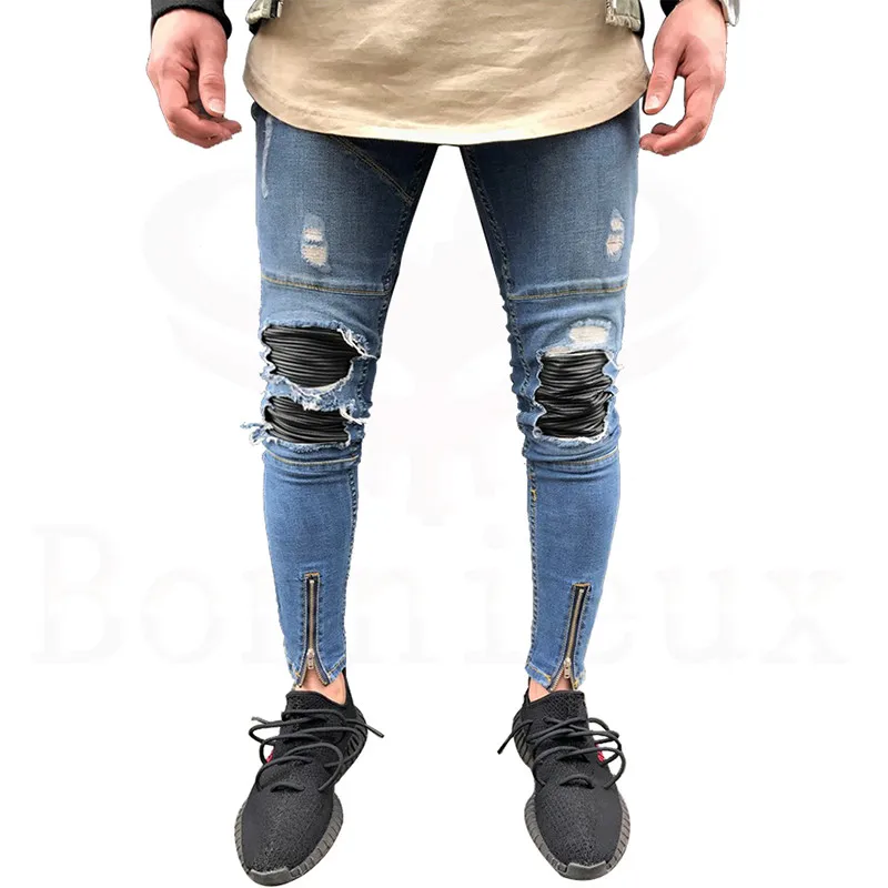 font b Men b font Skinny Stretch Destroyed Ripped Washed Ankle Zipper Skinny font b