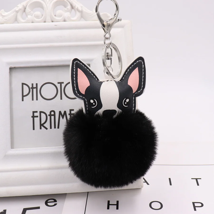 Fluffy Rabbit Fur Ball French Bulldog Keychain Pompom Key Chain Pu Leather Animal Dog Keyring Holder Bag Charm Trinket Chaveiros