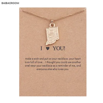 Golden Plated America I Love You Indiana Map Alloy Pendant Short necklace