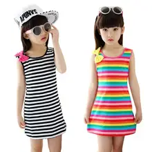 Платье для девочек 2, 3, 4, 5, 6, 7, 8, 9, 10, 11, 12 лет летние детские платья без рукавов для девочек, полосатая одежда с бантом для детей-подростков