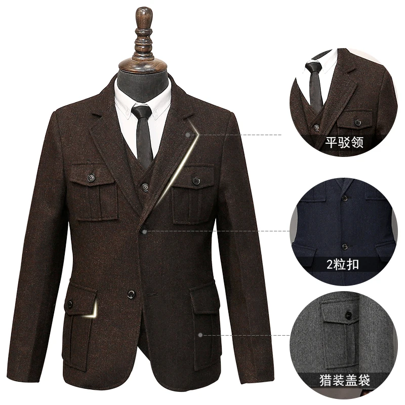  Wool Suit Men's Large Size Blazers American Hunting Multi-pocket Jacket Winter Herringbone Pattern  - 33063467181