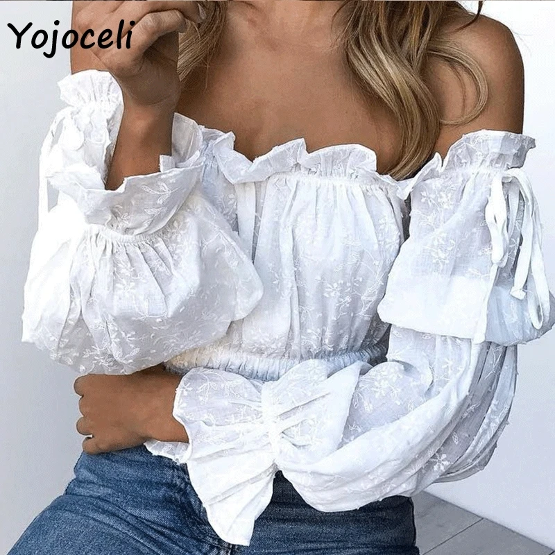 Yojoceli, с открытыми плечами, хлопковая Цветочная вышивка, блузки, рубашки, женские, boho, пляжные, женские блузки,, летние, рукав-фонарик