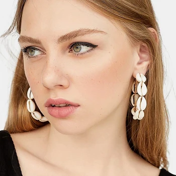 

JURAN New Design Sea Shell Dangle Earring Metal Geometric Big Round Circle Shell Long Drop Earrings For Women Beach Boho Jewelry