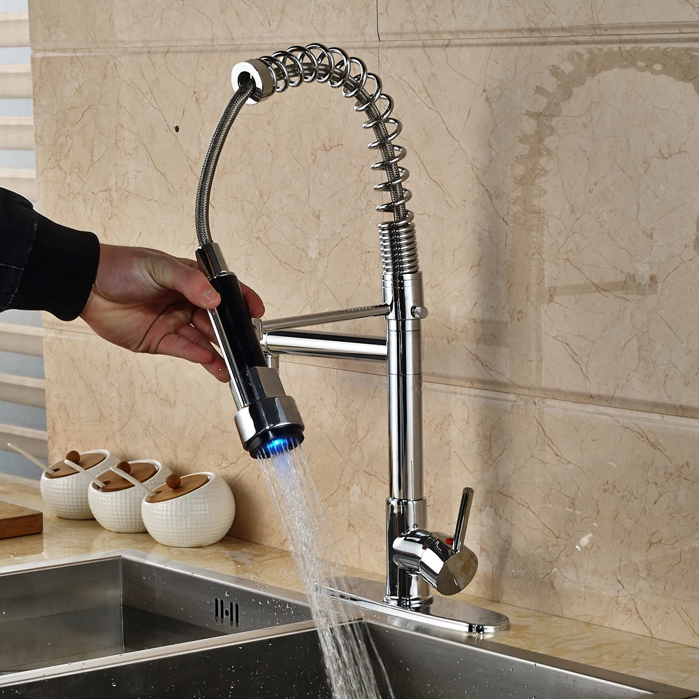 

Chrome Finished Deck Mounted LED Light Spout With Cover Plate Pull Out Mixer Tap