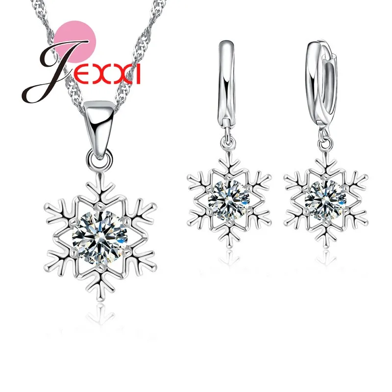 

Trendy Women Necklace Earring Jewelry Sets Snowflake Design 925 Sterling Silver Crystal Wedding Party Bridal Jewelry Sets