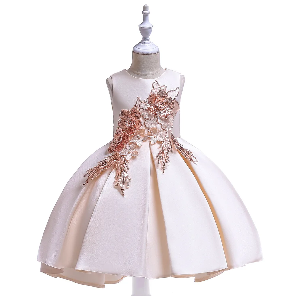 

Top Sale A-line Sleeveless Satin Champagn Princess Flower Girls Dress Pageant Party Formal Girls Gowns