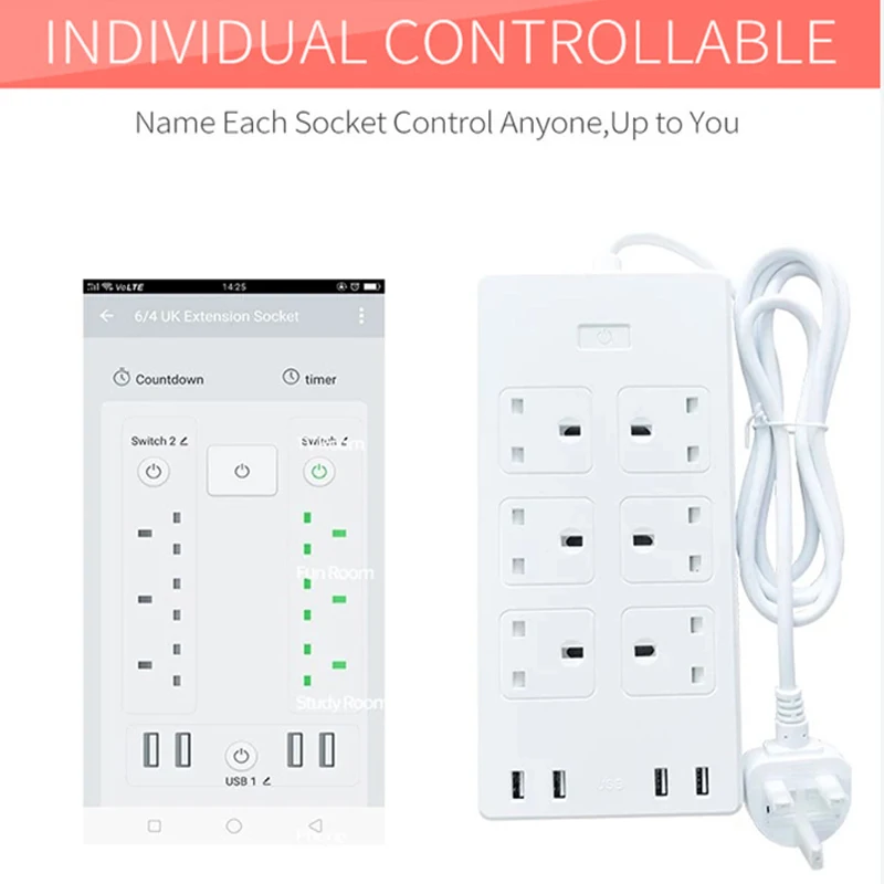 Wifi Smart Plug 1,8 м удлинитель Британский переключатель регулирования розетка несколько 4 usb порта для Alexa «умное» Голосовое управление
