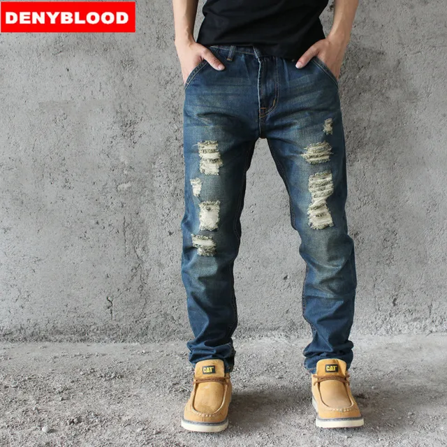 2016 Mens Distressed Jeans Ripped Loose Pants Darked Wash Jeans Male