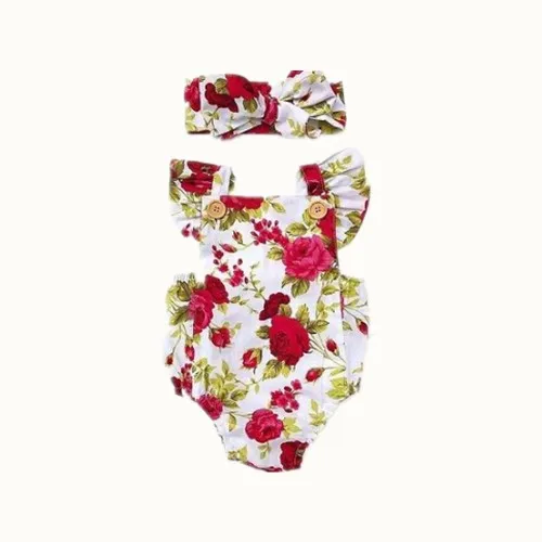 

2pcs Set Newborn Baby Girls Summer Floral Rompers +headhand Baby Girls Flower Jumpsuit Clothes Outfits