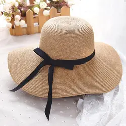 Для женщин Летняя соломенная шляпа большой широкими полями Гибкая пляжная шляпа Панамка блок защиты УФ Панама шляпа соломенная шляпа с