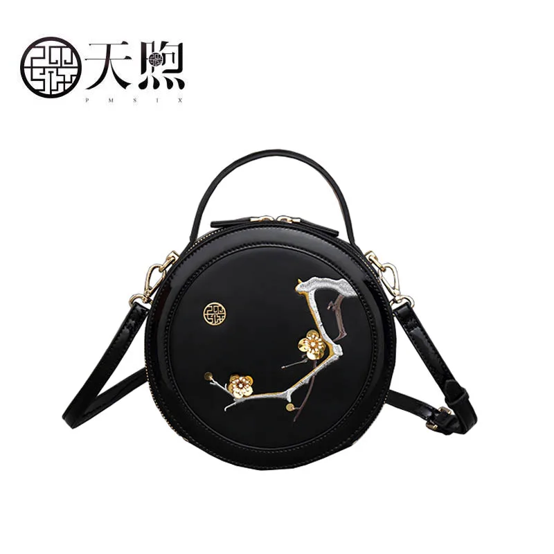 

Pmsix 2019 New Superior cowhide fashion women Leather handbags Luxury embroidery Round bag small tote women leather shoulder bag