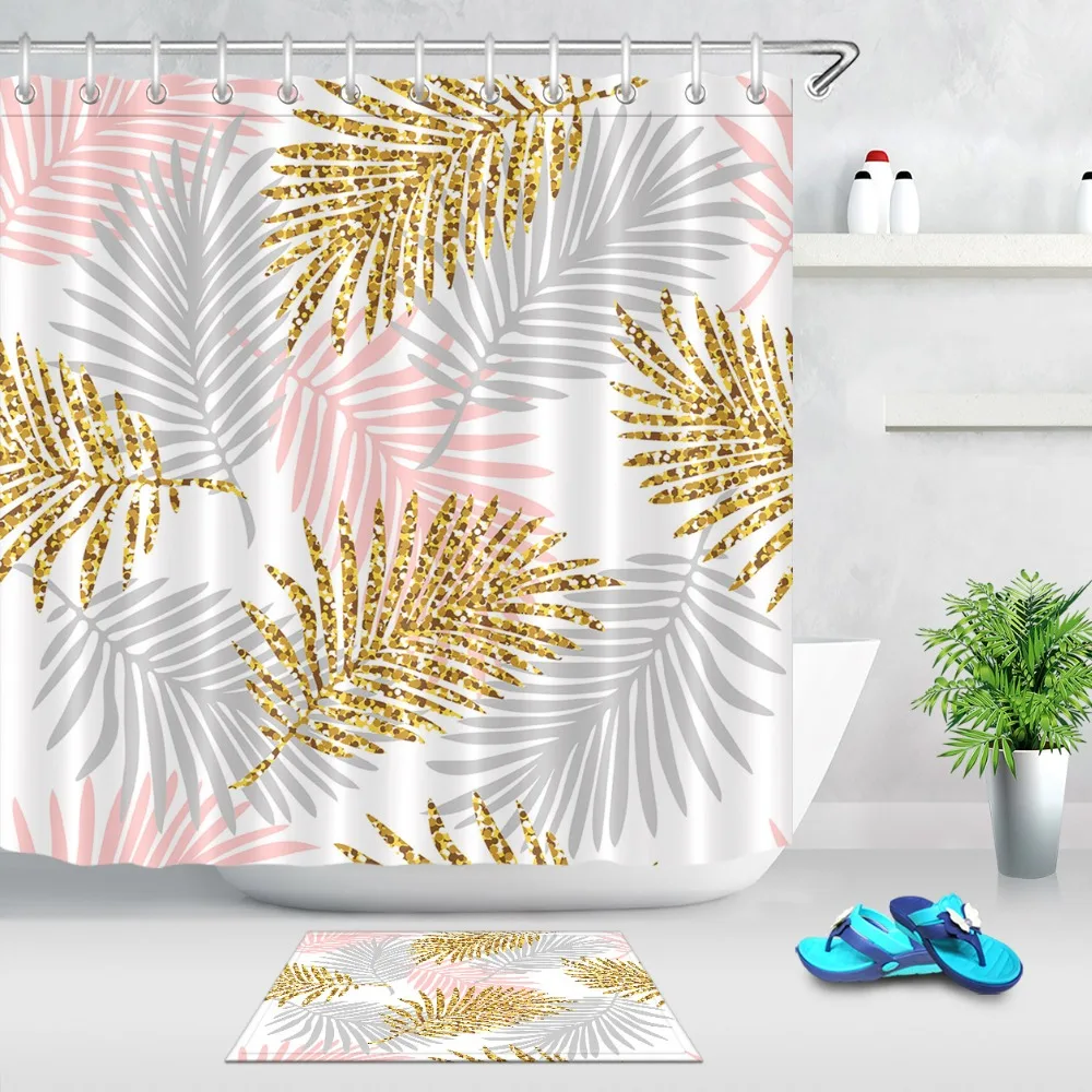 

LB Tropical Monstera Leaves And Gold Glitter White Shower Curtain With Mat Set Bathroom Waterproof Fabric For Art Bathtub Decor