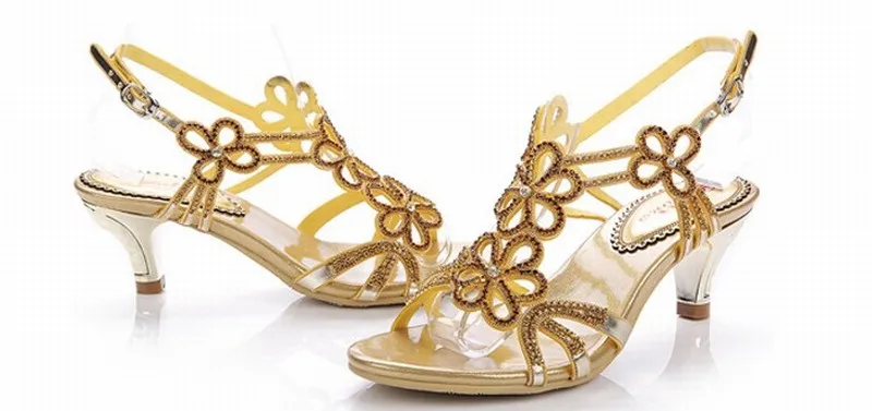 

super fashion 2016 women flowers rhinestone high heel sandals ladies summer buckle party wedding pumps gold crystal female shoes