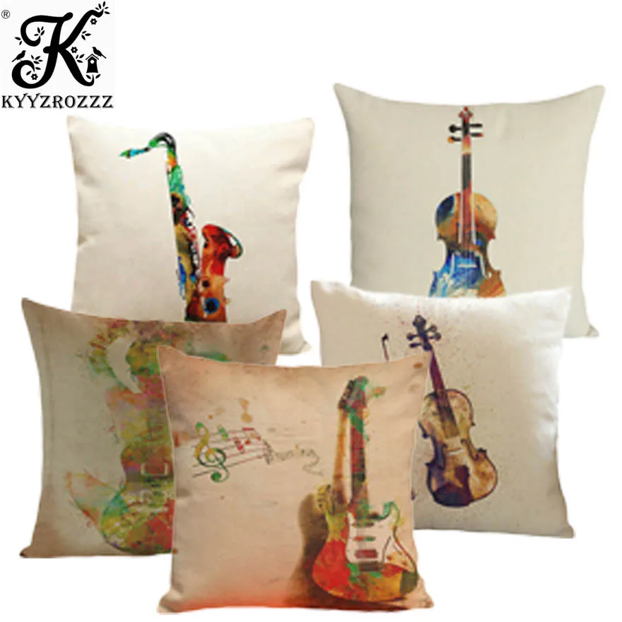 

Music Instrument Cushion Cover Musical Guitar Bass Drum Saxophone Pillows cases Home Decor Cotton Nordic Pillow Covers For Sofa