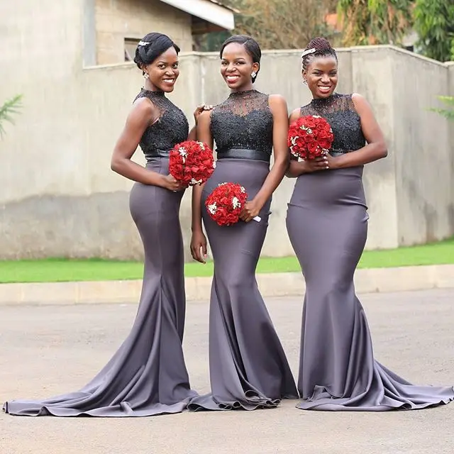Африканский нигерийский Русалка платья серого цвета для подружек невесты длинный 2019 бисерные аппликации атласное платье для выпускного