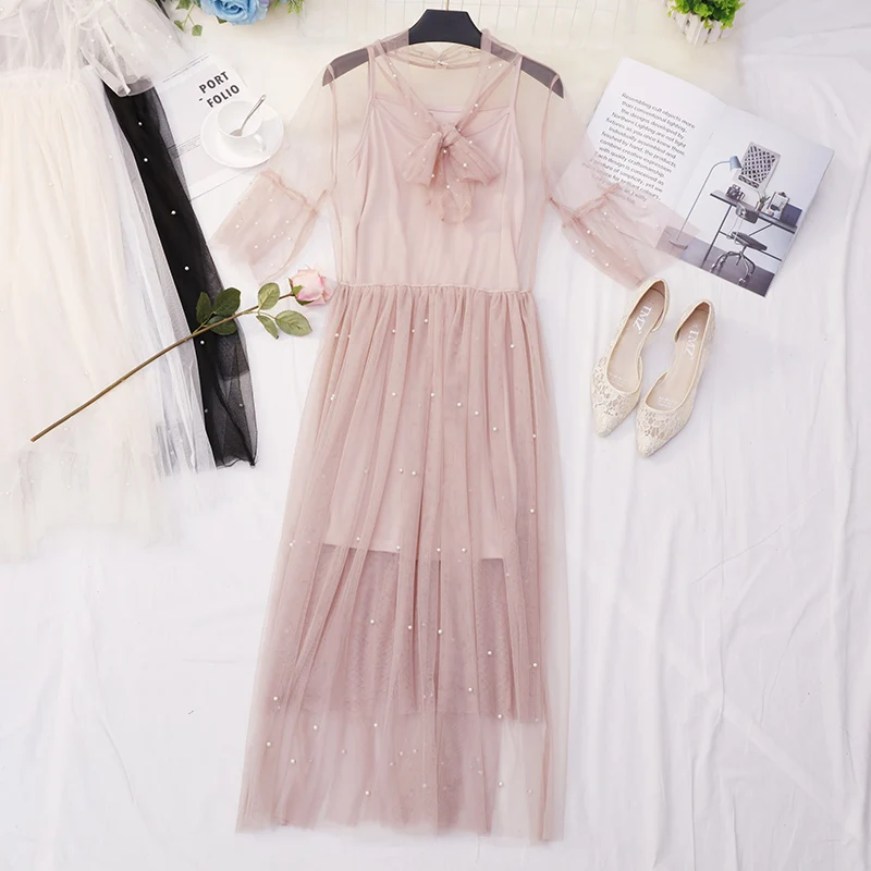 

Women Summer Flare Sleeve Voile Bow Dress Vintage New Pearl Bead Pullover Elastic Slim High Waist Mesh Gauze Tulle Pleated Dress