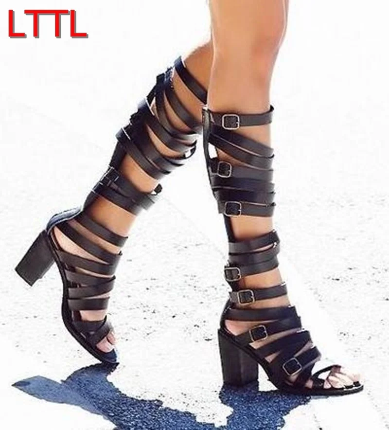 

shoe Women Knee High Gladiator Boots Square Heel Cuts Out Bandage Booties Open Toe Buckle Fashion Women Casual Summer Bota