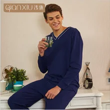 Осенняя домашняя пижама, мужские повседневные Простые пижамные комплекты, Мужской Хлопковый пижамный комплект, Мужская футболка с длинным рукавом и v-образным вырезом и штаны
