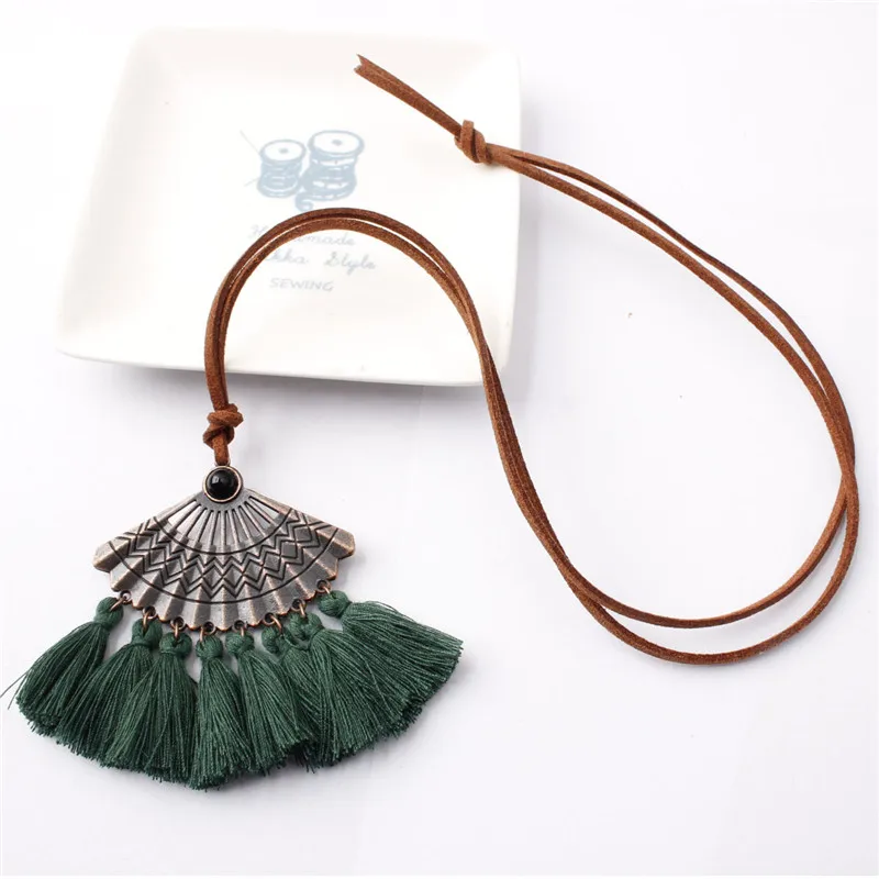 #*Cheap Bohemian Metal Fan Shaped Embroidery Tassel Pendant Leather Necklace Adjustable Fringed Big Choker Necklace For Women Jewelry
