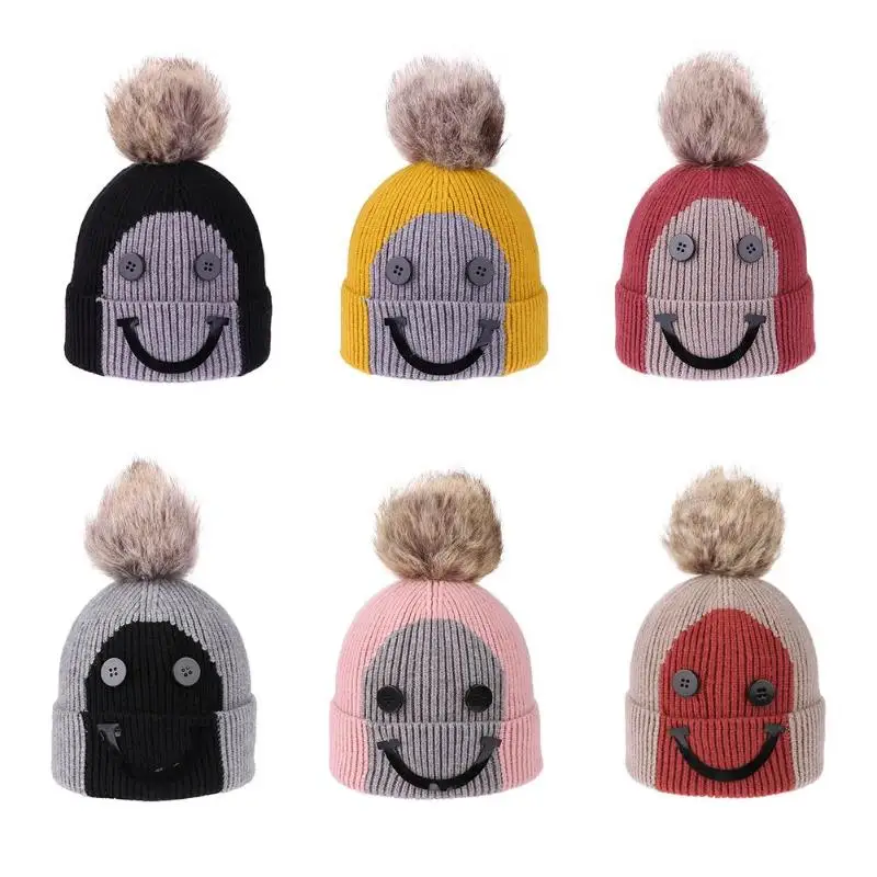 

Smile Face Printed Boys Girls Knitted Caps Winter Warm Kids Beanie Cap Autumn Warm Children Knit Ball Hat Windproof Toddler Hats