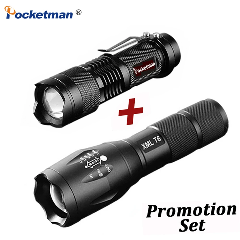 Super Bright LED Q5+T6 LED Flashlight Zoomable Torch For Hiking Promotion Set