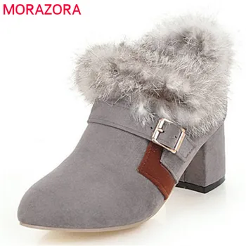 

MORAZORA 2020 new arrival ankle boots women flock autumn winter boots zipper +buckle high heels boots warm dress shoes woman