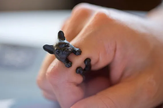Jisensp Retro Animal Rings Vintage Bronze Mid Finger Ring French Bulldog Fashion Jewelry Cute Antique Couple Ring for Men/Women