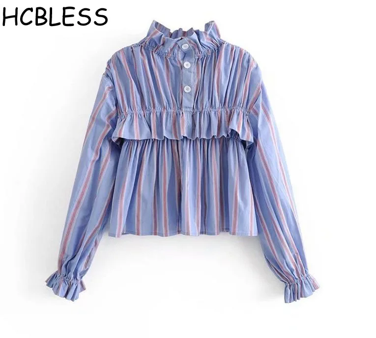 

HCBLESS 2018 summer new women's elegant blue color stripes stand collar pullover splicing ruffled lanterns sleeve shirt