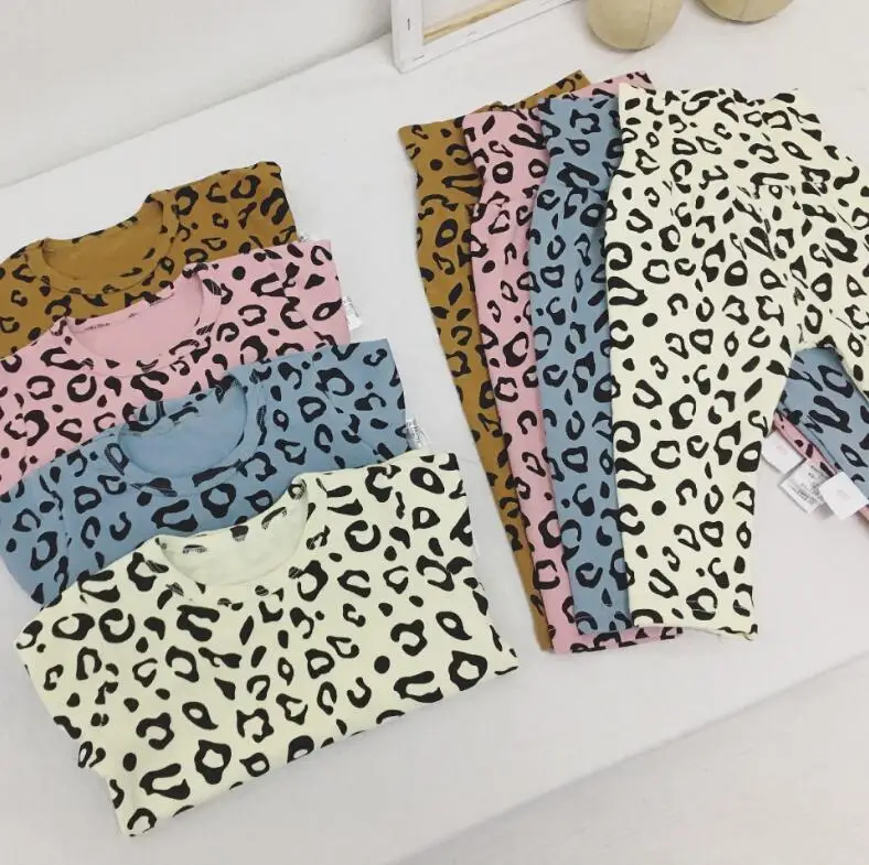 

2019 Fashion Spring Girls Boys 2 pcs Leopard Set T-shirt+Long Pants Kids Pajamas 0-4t