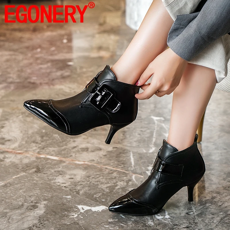 

EGONERY Patent leather ankle boots 7.5cm high quality brand ladies high heels black white wedding shoes Pointed toe booties 44CN