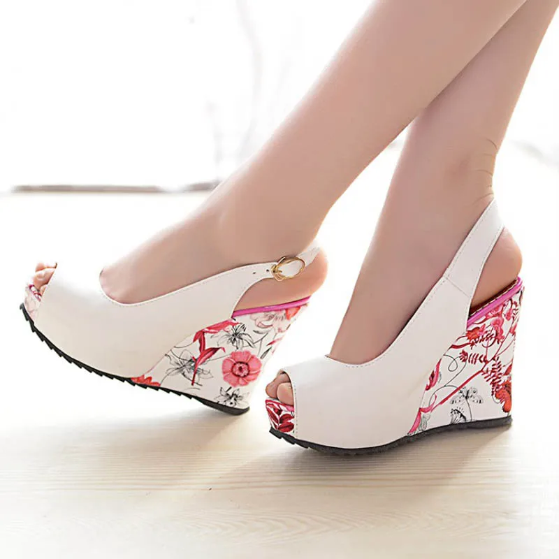 Florral Print Wedges Heel Sandals Summer Shoes Woman Buckle Strap Slingbacks Platform Thick Bottom High Heels Sandals Women E02 (8)