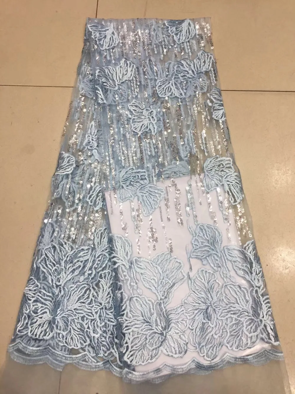 

French lace fabric 5yds/pce dhl powder blue sequins embroidery mesh fabrics women gorgeous luxury lagos party naija wedding new
