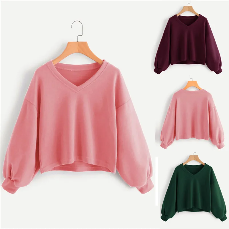 HOT sell sweaters fashion 2018 women Solid Casual Drop Shoulder Lantern Sleeve Sweatshirt Pullover Tops Invierno O09#N (3)