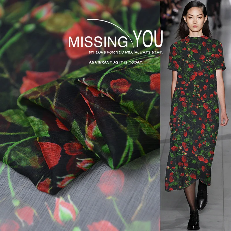 

19 New 135cm Wide 100%Silk Crinkle Georgette Fabric for Women Dress Cherry Rose Digital Print Cloth for Diy Sewing Free Shipping