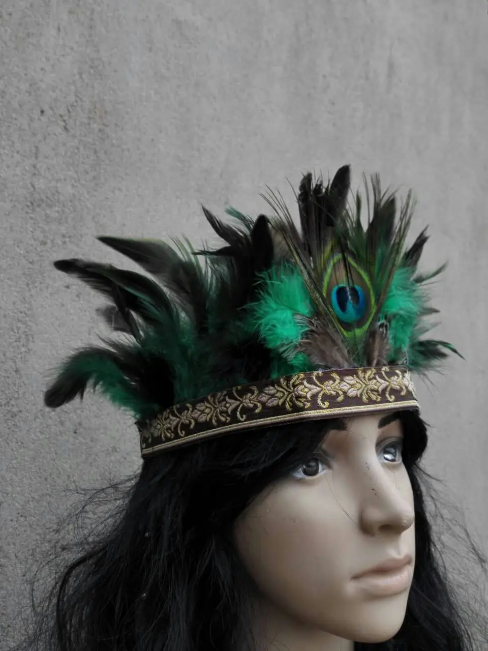 

7inch tall feather headdress Hand made costume feather headband feather headband green color